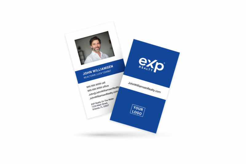 eXp Realty | Vertical Photo in Square Blue Accent Name Business Card